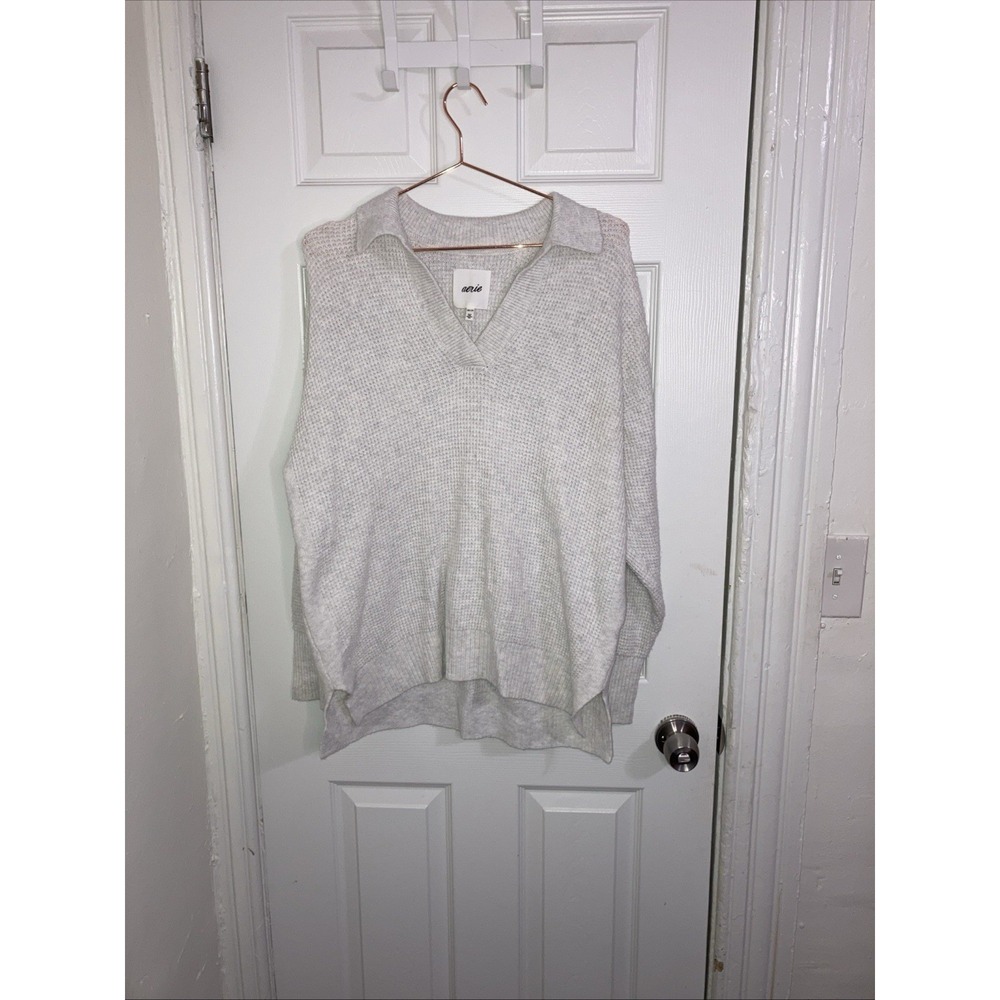Aerie CozyUp Waffle Knit Polo Sweater Womens XS White‎ Relaxed Lagenlook Beachy